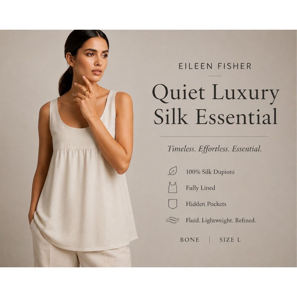 Eileen Fisher Silk Dupioni Long Cami Bone Large NWT Shirred Tank Pockets